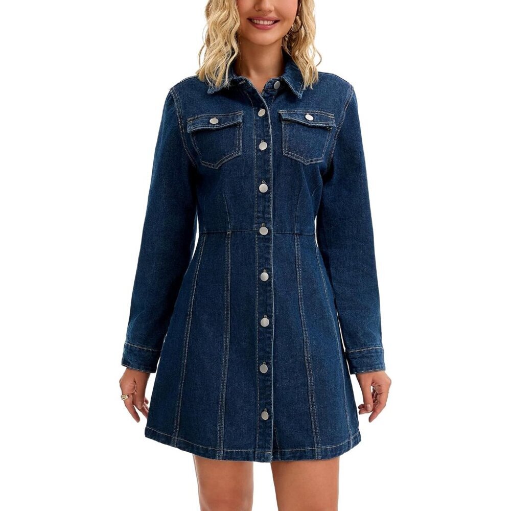 Women's Denim Mini Dress Collared Button Down A-Line Casual Chic